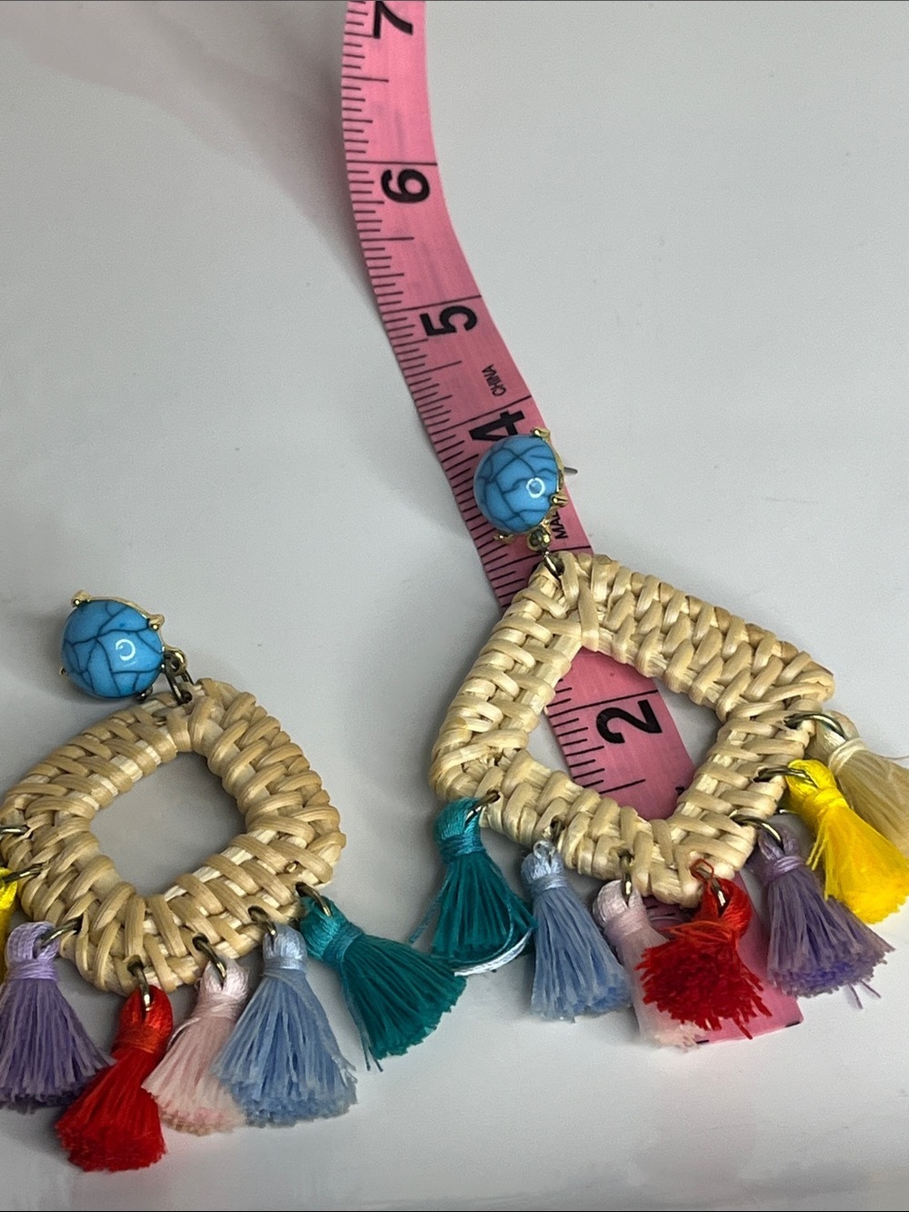 Boho Woven Diamond Tassel Earrings with Turquoise Button - Picture 5 of 6